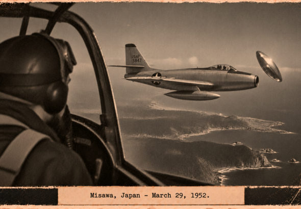 Illustration of a T-6 pilot watching a small chrome disc flutter beside an F-84 over the Japanese coast, March 29, 1952
