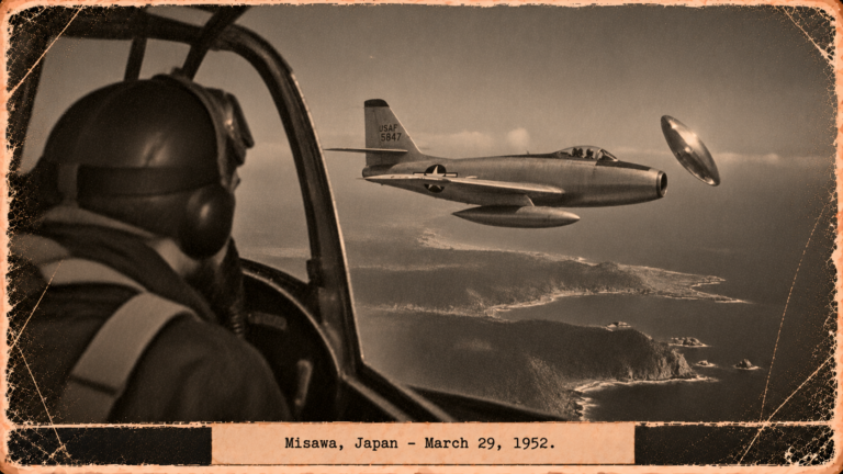 Illustration of a T-6 pilot watching a small chrome disc flutter beside an F-84 over the Japanese coast, March 29, 1952