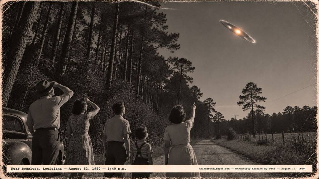 1950-style photo of a family on a country lane watching a tilted aluminum-edged object with a red-gold center overhead near Bogalusa