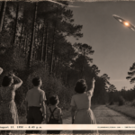 1950-style photo of a family on a country lane watching a tilted aluminum-edged object with a red-gold center overhead near Bogalusa