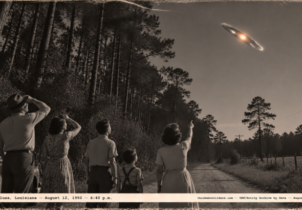 1950-style photo of a family on a country lane watching a tilted aluminum-edged object with a red-gold center overhead near Bogalusa