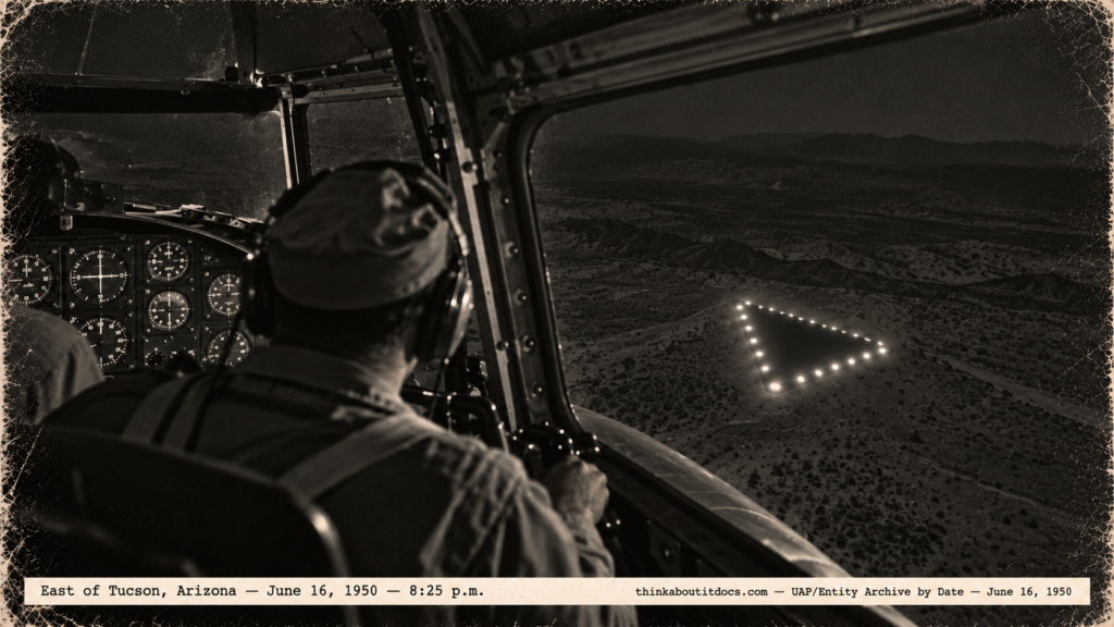 1950-style photo from a C-47 cockpit of a triangular object with white lights passing below at night near Tucson