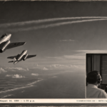 1950-style photo of two RAF Meteor jets climbing toward two parallel contrails over the North Sea near Cromer