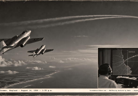 1950-style photo of two RAF Meteor jets climbing toward two parallel contrails over the North Sea near Cromer