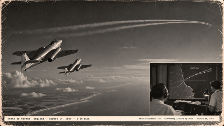1950-style photo of two RAF Meteor jets climbing toward two parallel contrails over the North Sea near Cromer
