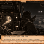 Vintage 1951 press photo style image of a B-36 crew watching white lights cross the aircraft at night as radar interference fills the scope over Hudson Strait