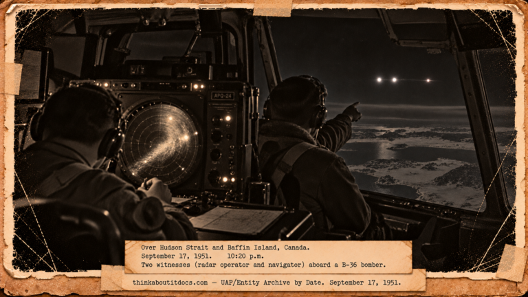 Vintage 1951 press photo style image of a B-36 crew watching white lights cross the aircraft at night as radar interference fills the scope over Hudson Strait