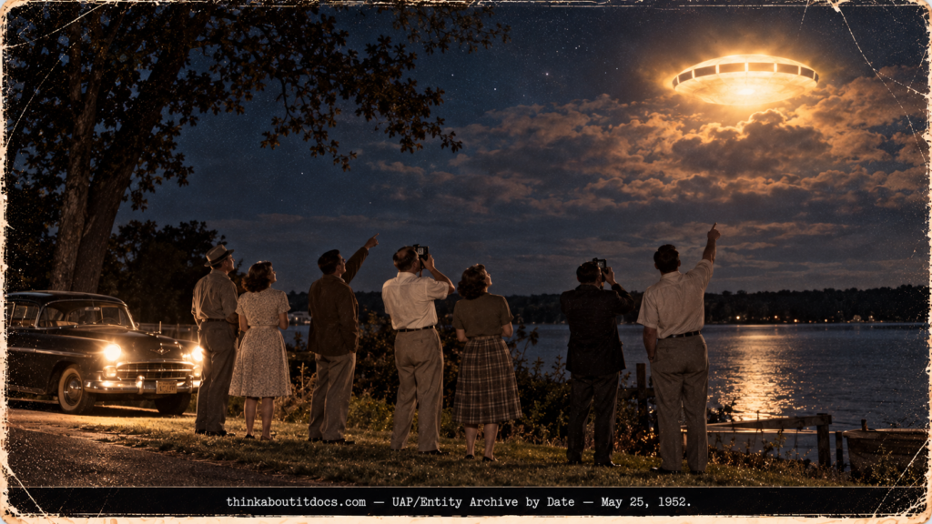 Seven people watching a large glowing object with dark panels over Walnut Lake, Michigan at night in 1952.