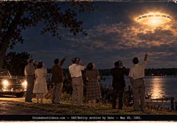 Seven people watching a large glowing object with dark panels over Walnut Lake, Michigan at night in 1952.