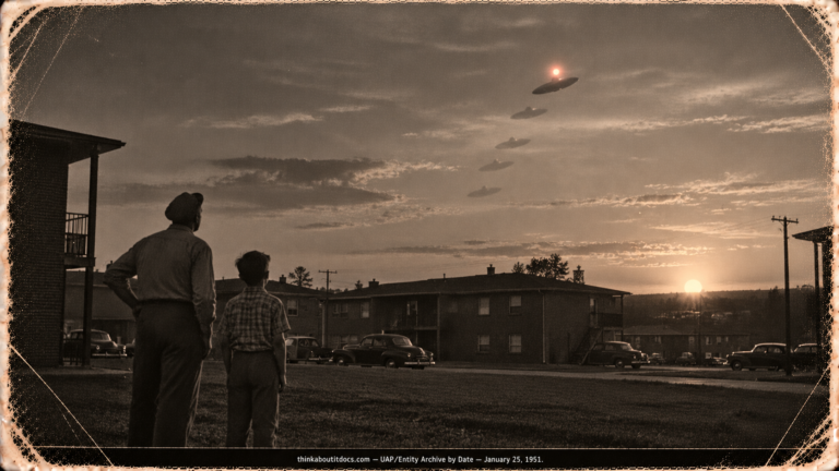 A dark oblong object with a red-white light above it climbing in steps over apartment rooftops at sunset as a man and boy watch, Warner Robins, Georgia, January 1951