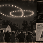 Illustration of two rings of lights wheeling over a small North Carolina town while neighbors watch from a lawn, October 21, 1950