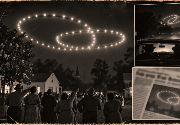 Illustration of two rings of lights wheeling over a small North Carolina town while neighbors watch from a lawn, October 21, 1950