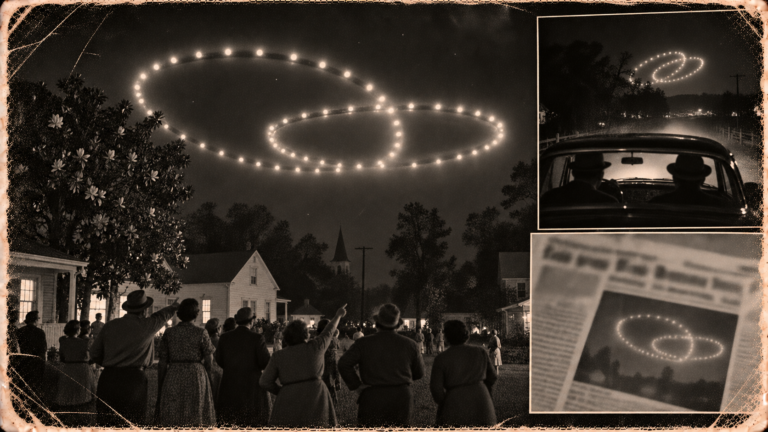 Illustration of two rings of lights wheeling over a small North Carolina town while neighbors watch from a lawn, October 21, 1950