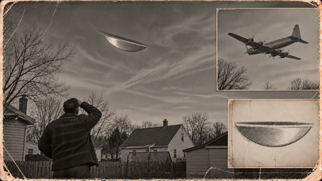 Illustration of a man in a backyard looking up at a silvery half-moon-shaped object in a winter sky over West Springfield, Massachusetts, December 6, 1950
