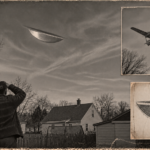 Illustration of a man in a backyard looking up at a silvery half-moon-shaped object in a winter sky over West Springfield, Massachusetts, December 6, 1950