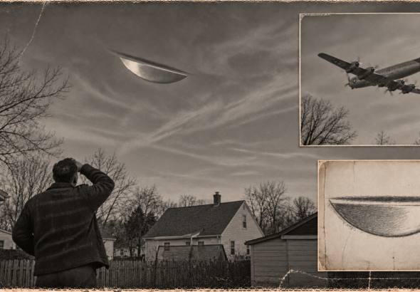Illustration of a man in a backyard looking up at a silvery half-moon-shaped object in a winter sky over West Springfield, Massachusetts, December 6, 1950