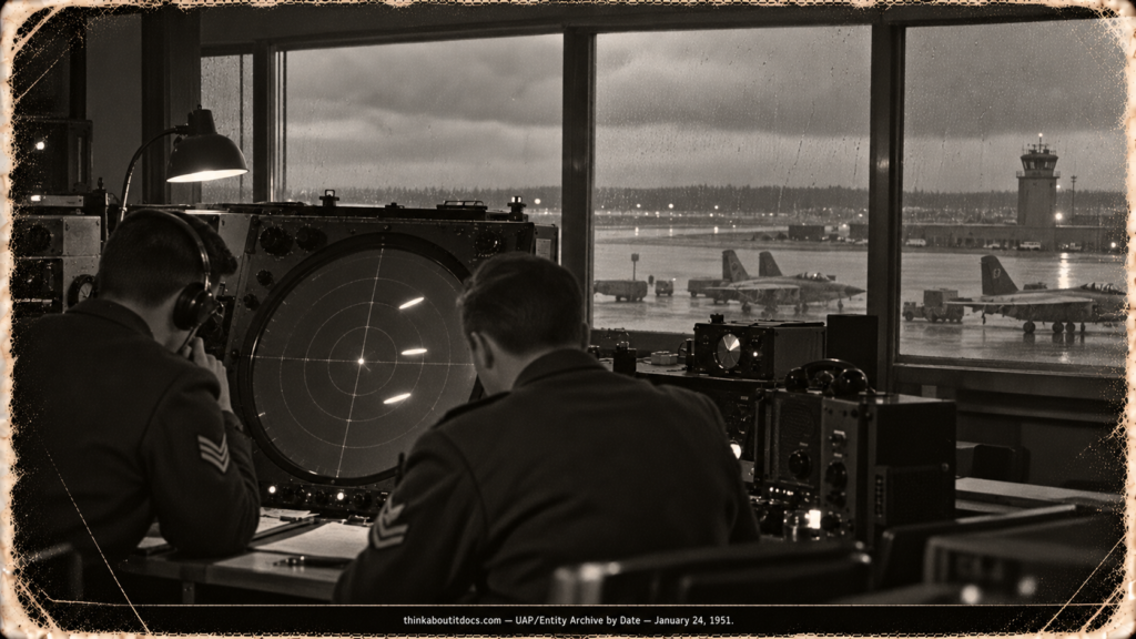 Two radar operators watching three large echoes on a round approach-control scope at Westover Air Force Base, Massachusetts, in January 1951.