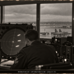 Two radar operators watching three large echoes on a round approach-control scope at Westover Air Force Base, Massachusetts, in January 1951.