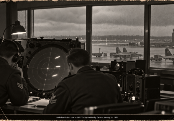 Two radar operators watching three large echoes on a round approach-control scope at Westover Air Force Base, Massachusetts, in January 1951.